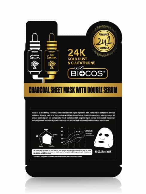 Biocos 24K Gold Dust & Glutathione Charcoal Sheet Mask with Double Ser –