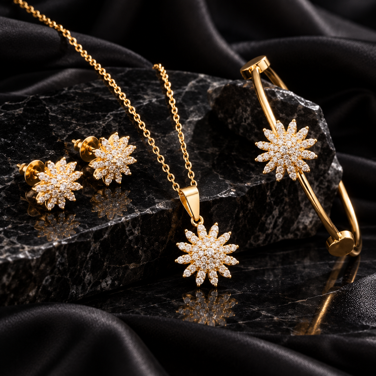 Gold-Tone Floral Crystal Jewelry Set for Women