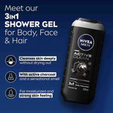 Nivea 3 in 1  Shower Gel Body Wash Active Clean Charcoal Woody Scent 250 ML