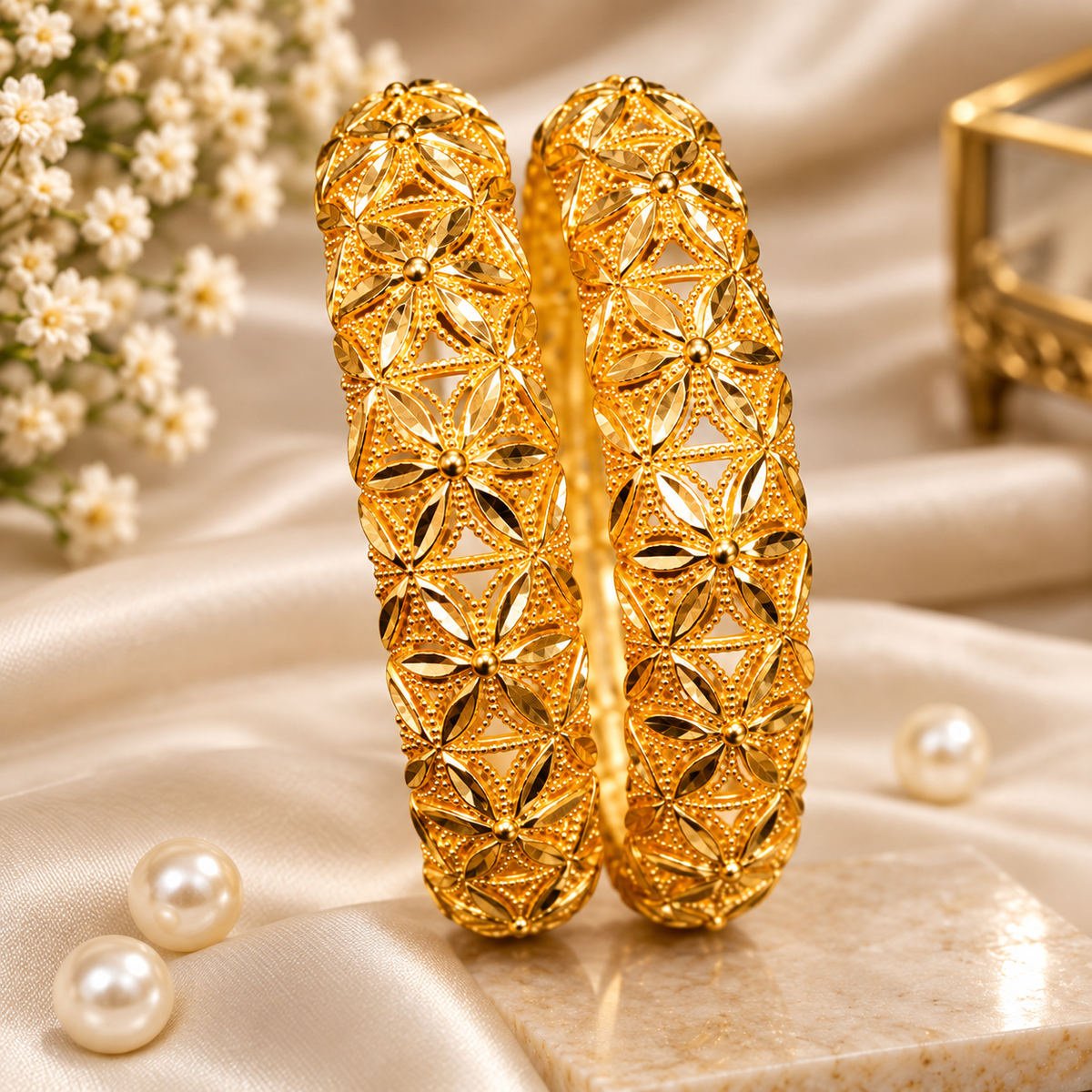 Luxury Gold-Tone Floral Carved Bangle Set for Women