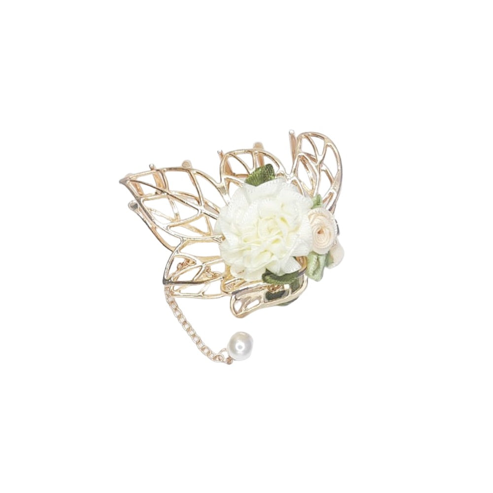 Hair Claw in Flowers & Leaves with Pearl Tassel Design