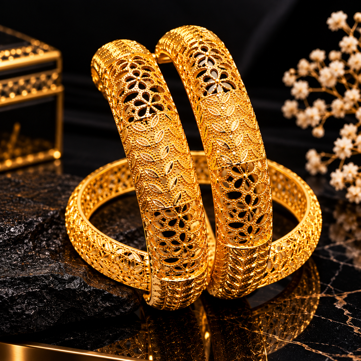 Luxury Gold-Tone Floral Cutwork Bangle Set for Women