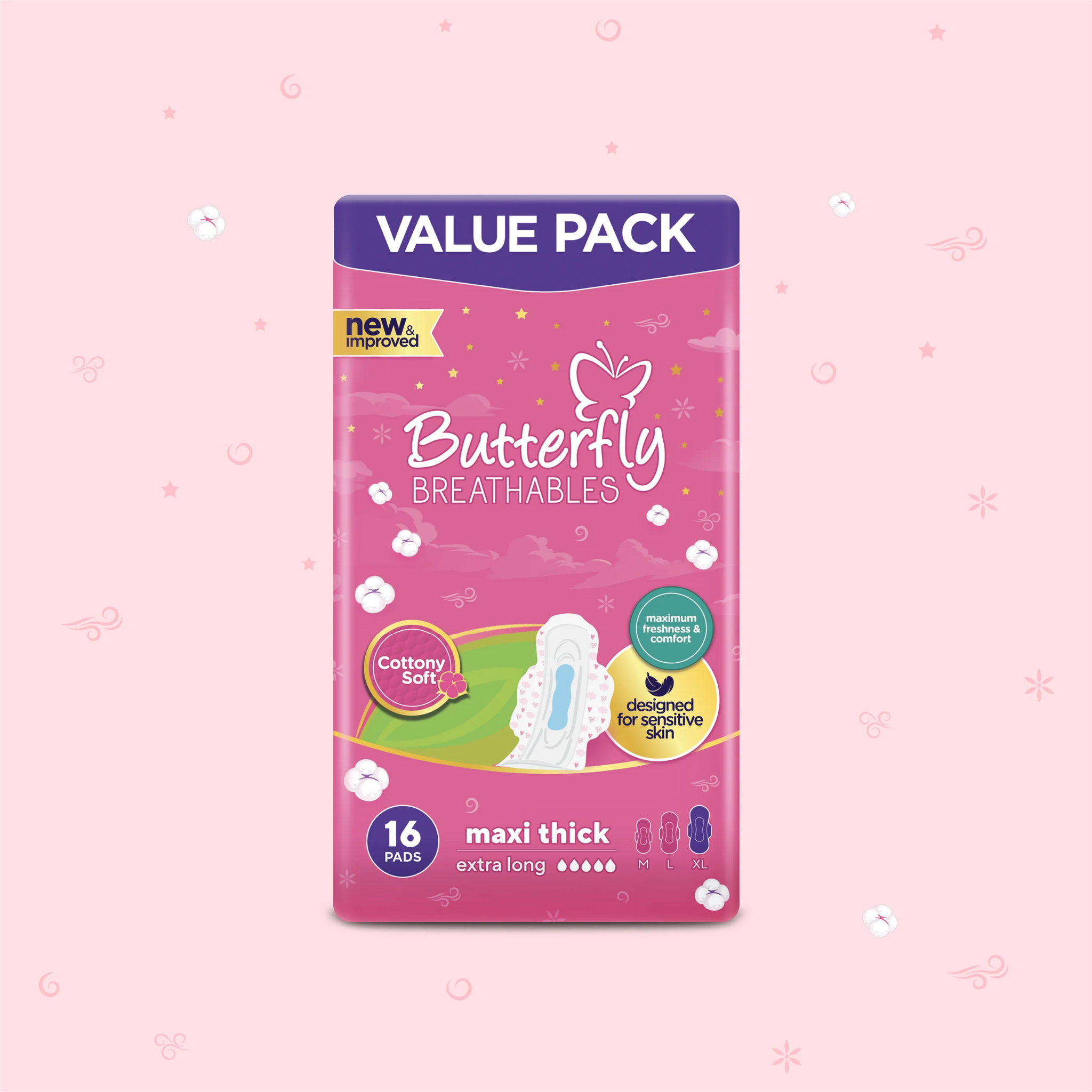 Butterfly Breathables Maxi Thick Cottony Sanitary Pads Extra Long Value Pack 16 Pcs