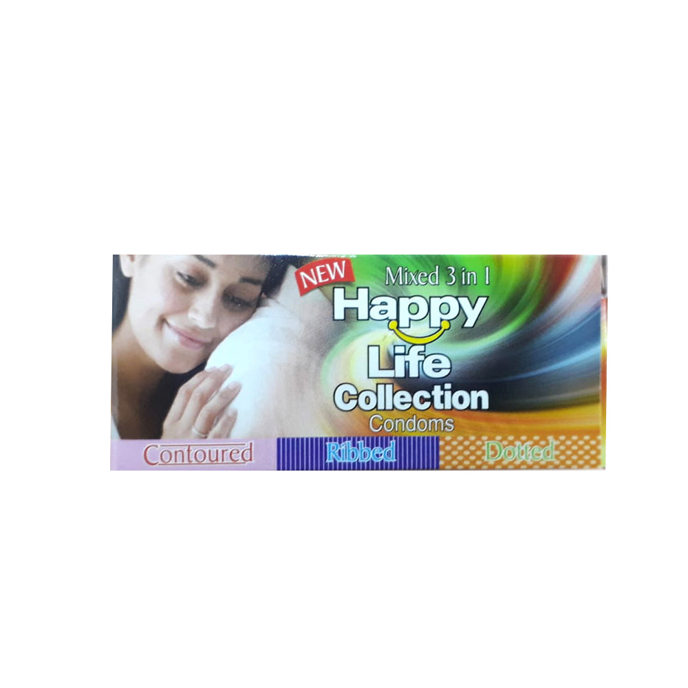 Happy Life Collection 3's (Contoured, Ribbed, Dotted) condoms