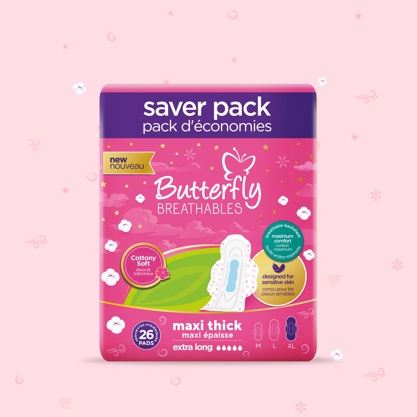 Butterfly Breathables Maxi Thick Cottony Sanitary Pads XL Trio 26 Pcs