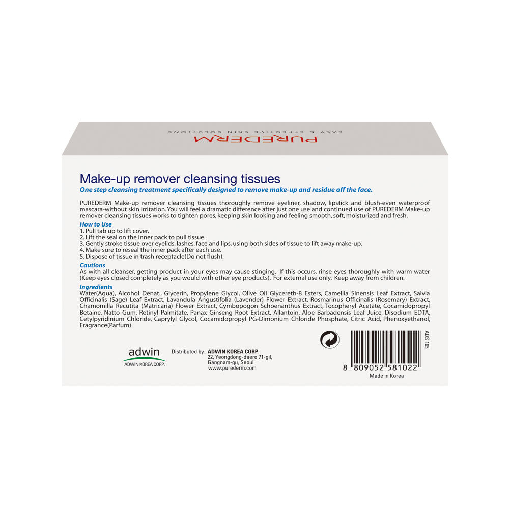 Purederm Make-up Remover Cleansing Tissues 30 Tissues