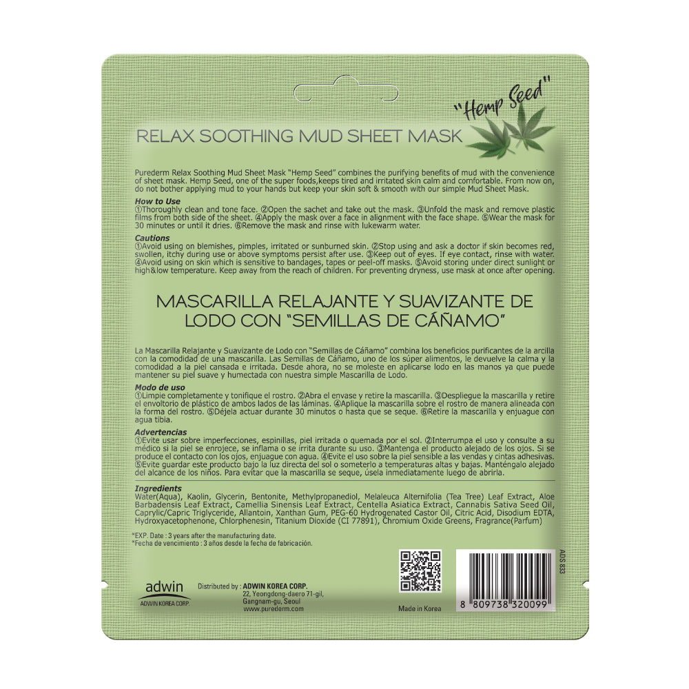 Purederm Relax Soothing Mud Sheet Mask Hemp Seed