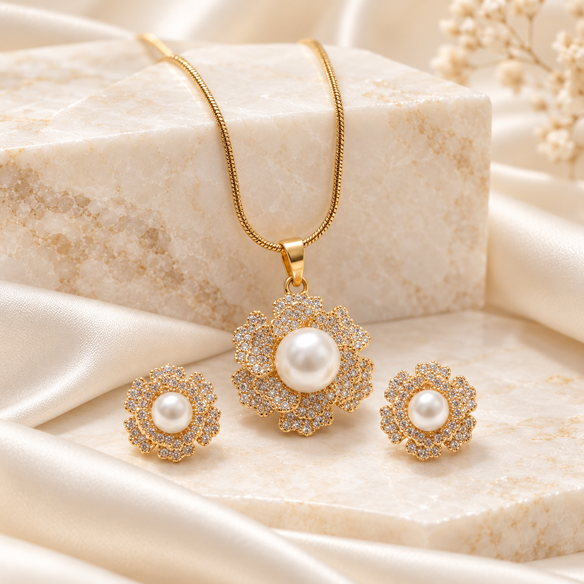 Gold-Tone Pearl & Crystal Floral Jewelry Set for Women