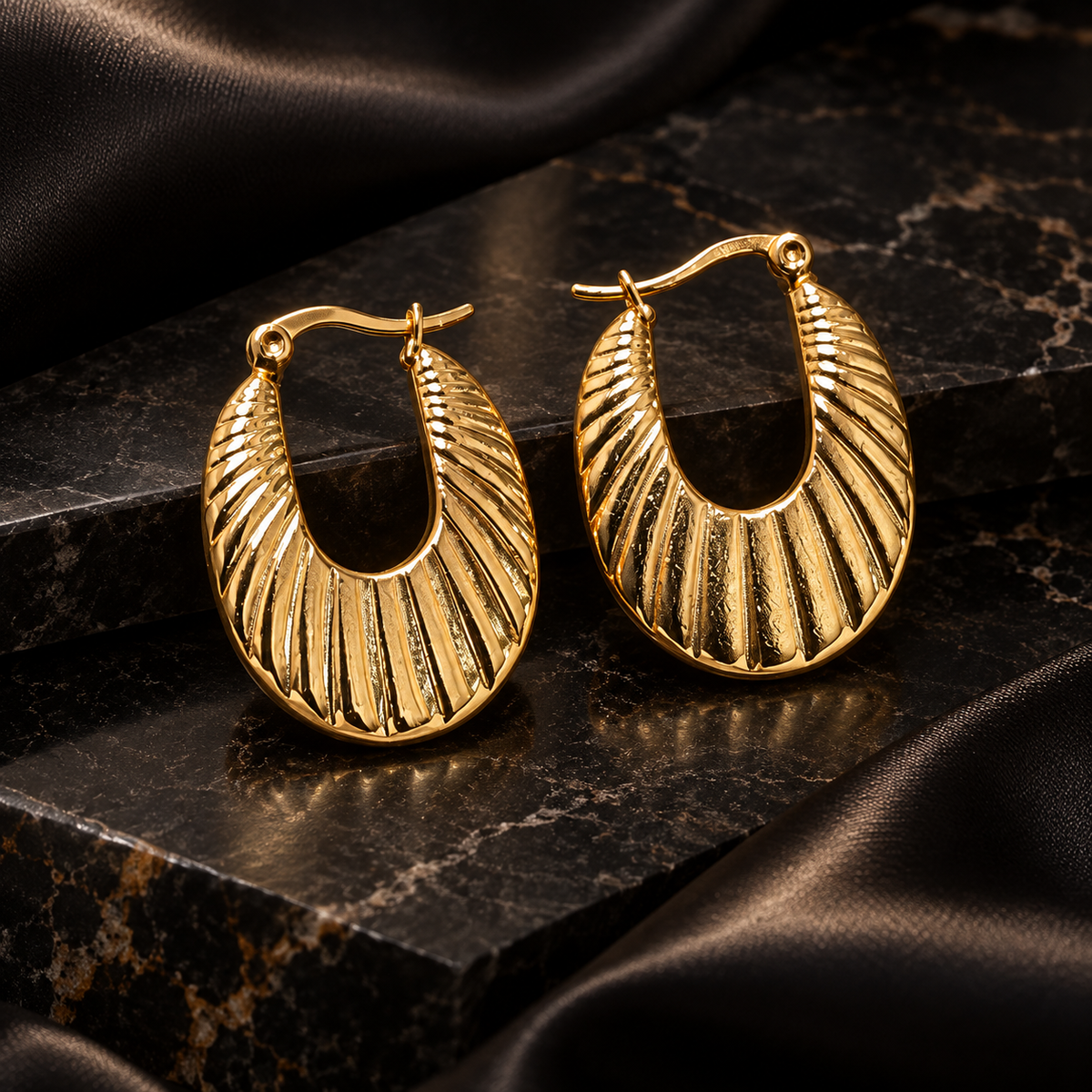 Gold-Tone Ribbed Oval Hoop Earrings for Women