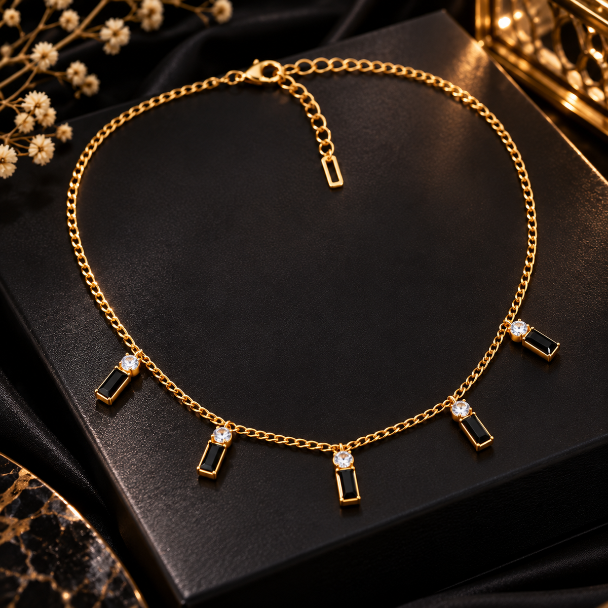 Gold-Tone Black Crystal Charm Necklace for Women