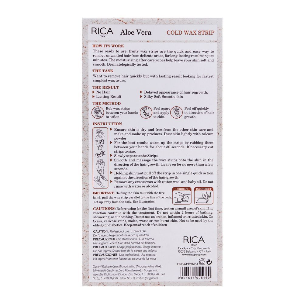 Rica Legs & Body Cold Wax Strip Aloe Vera 20 Strips