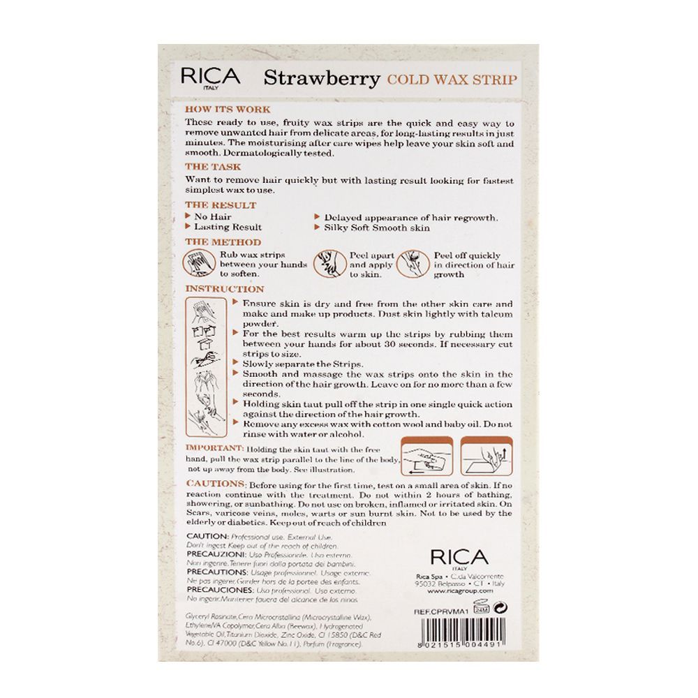 Rica Legs & Body Cold Wax Strip Strawberry 20 Strips